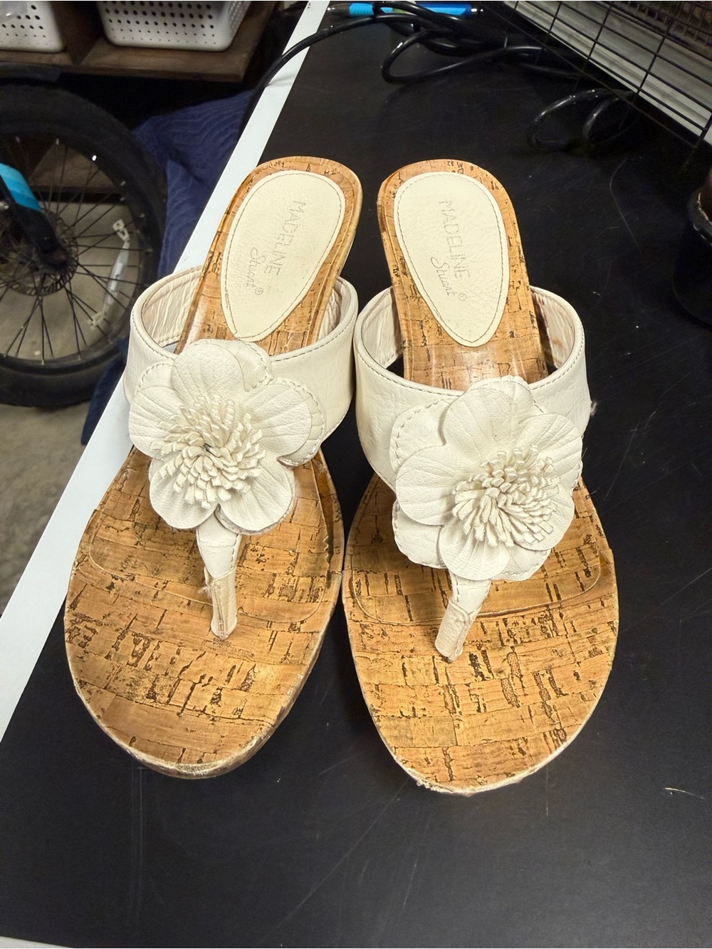 Madeline Stuart Cream Floral Cork Thong Wedge Sandals